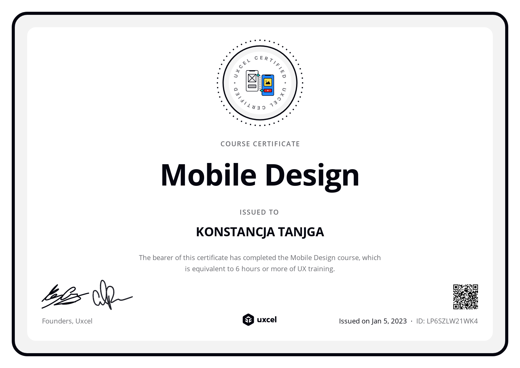 KONSTANCJA TANJGA's certificate